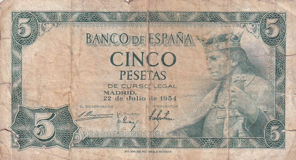 Hiszpania, 5 Pesetas, 1954 r.